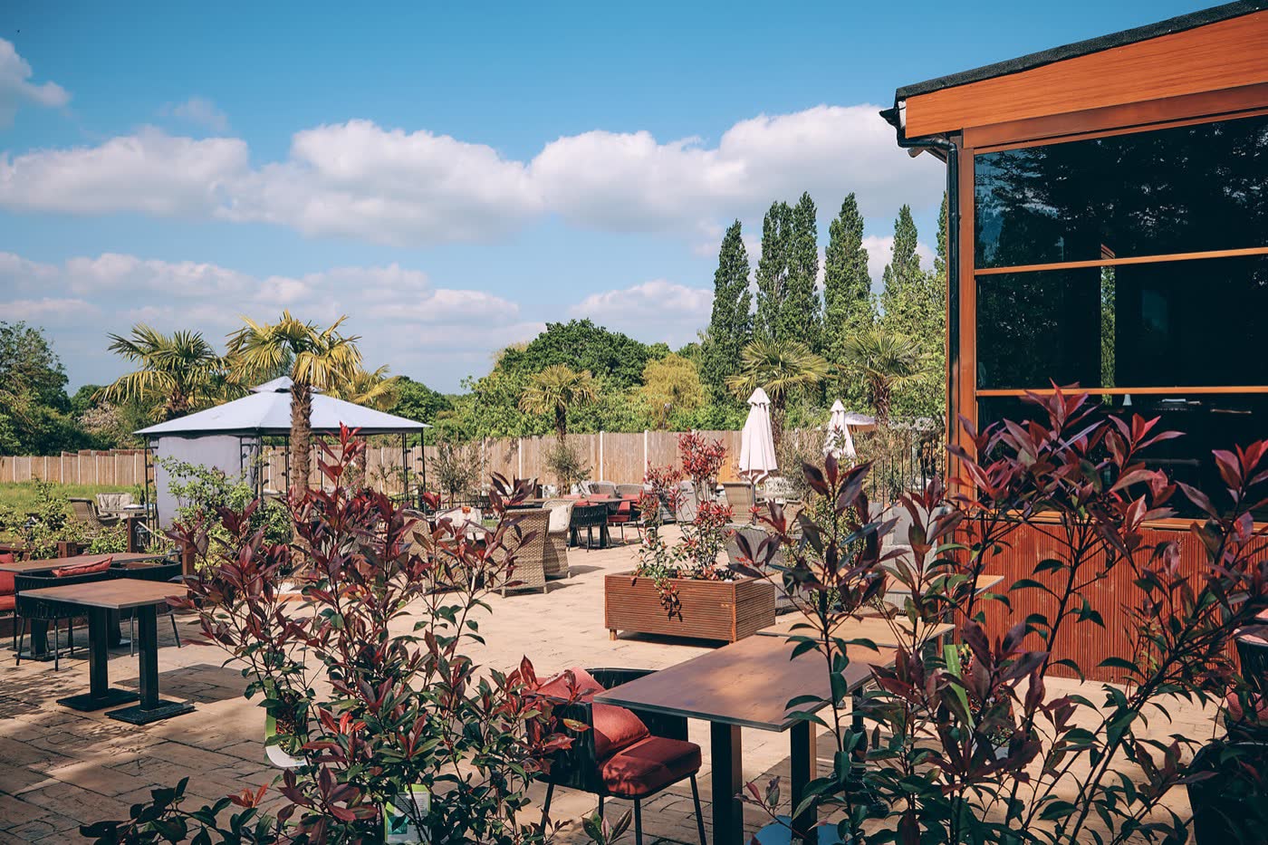 The terrace and the restaurant building from the garden
